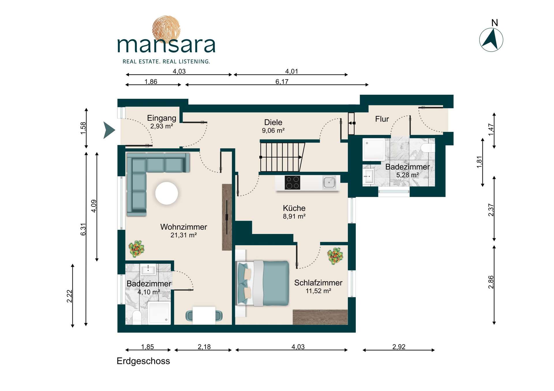 Grundriss einer Erdgeschosswohnung mit Eingangsbereich, Wohnzimmer, KĂŒche, Schlafzimmer und Badezimmer.