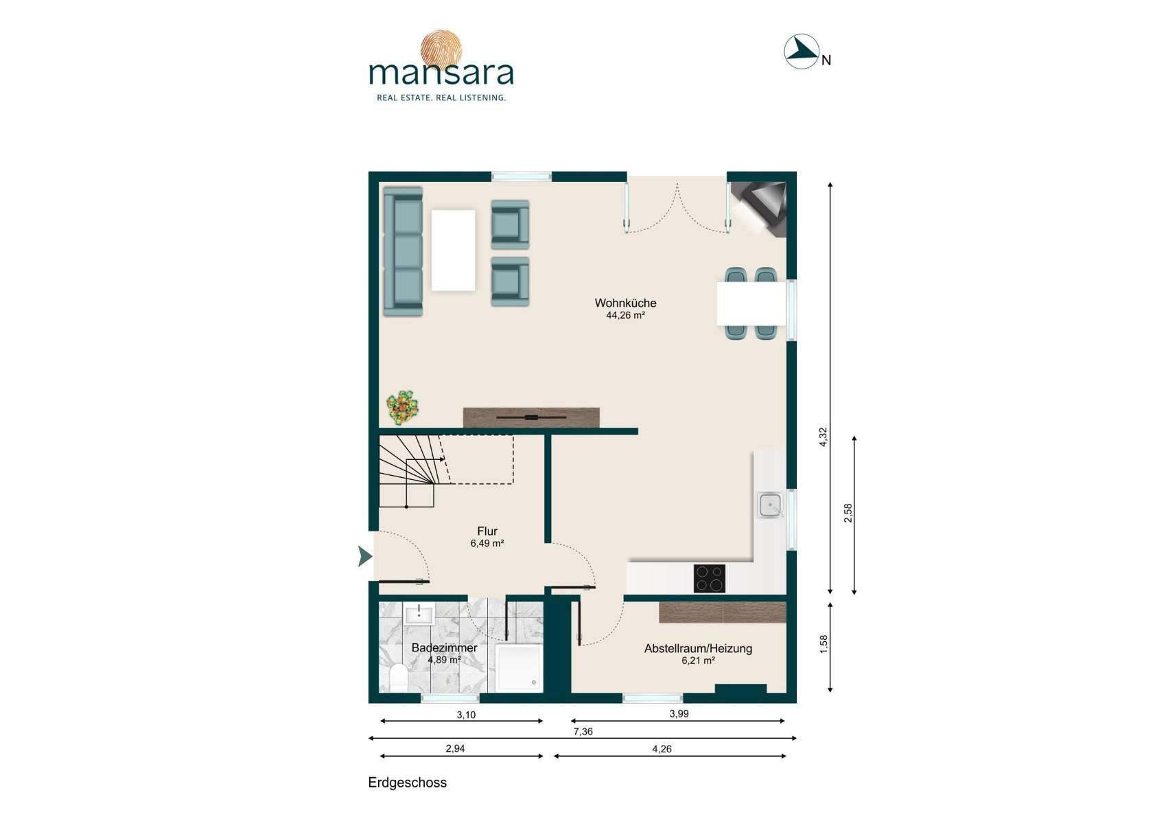 Grundriss einer Wohnung im Erdgeschoss mit Wohnzimmer, Flur, Küche und Abstellraum. Maße sind angegeben.