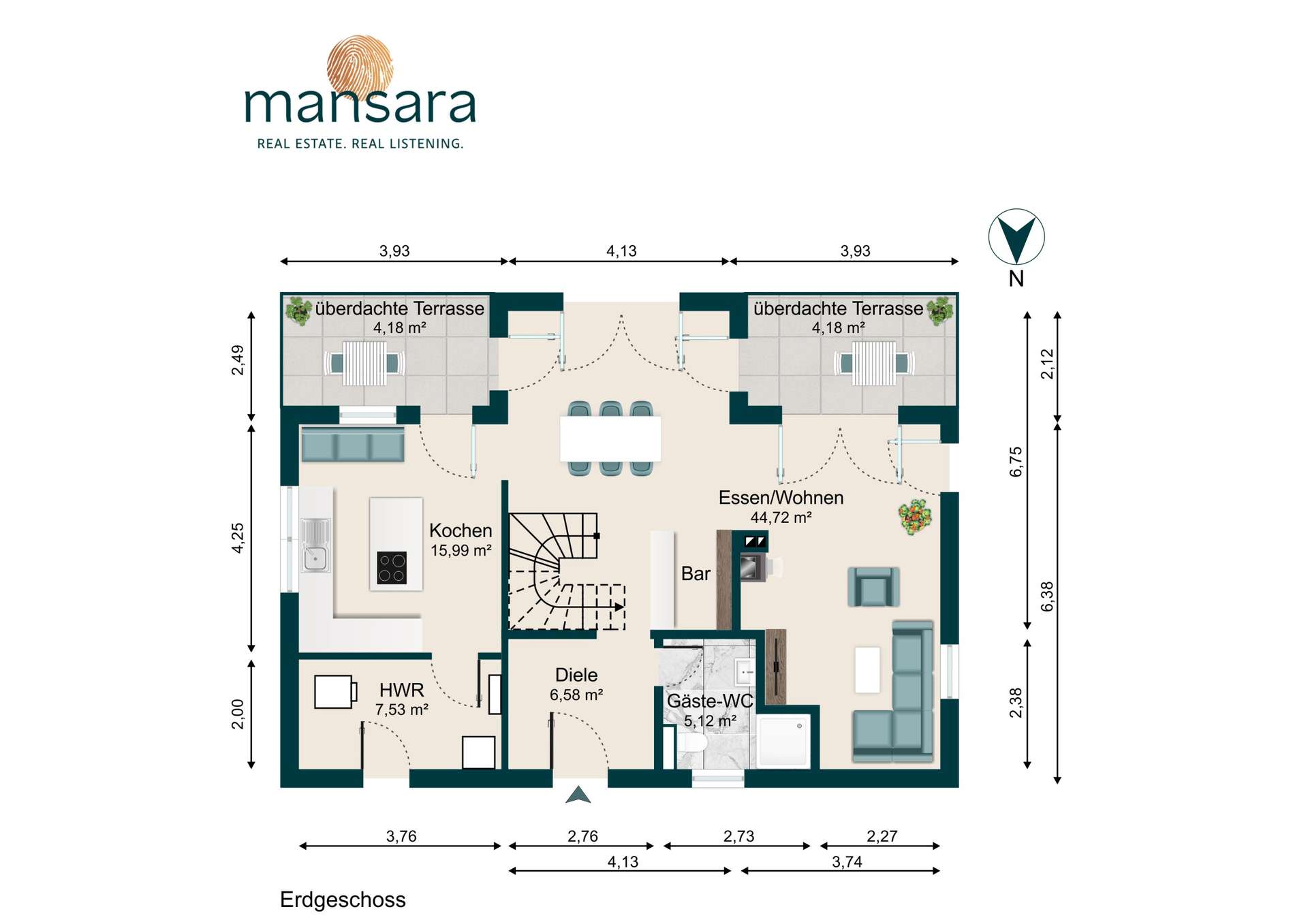 Grundriss eines Erdgeschosses mit Küche, Wohnbereich, Esszimmer, Bar und überdachten Terrassen.