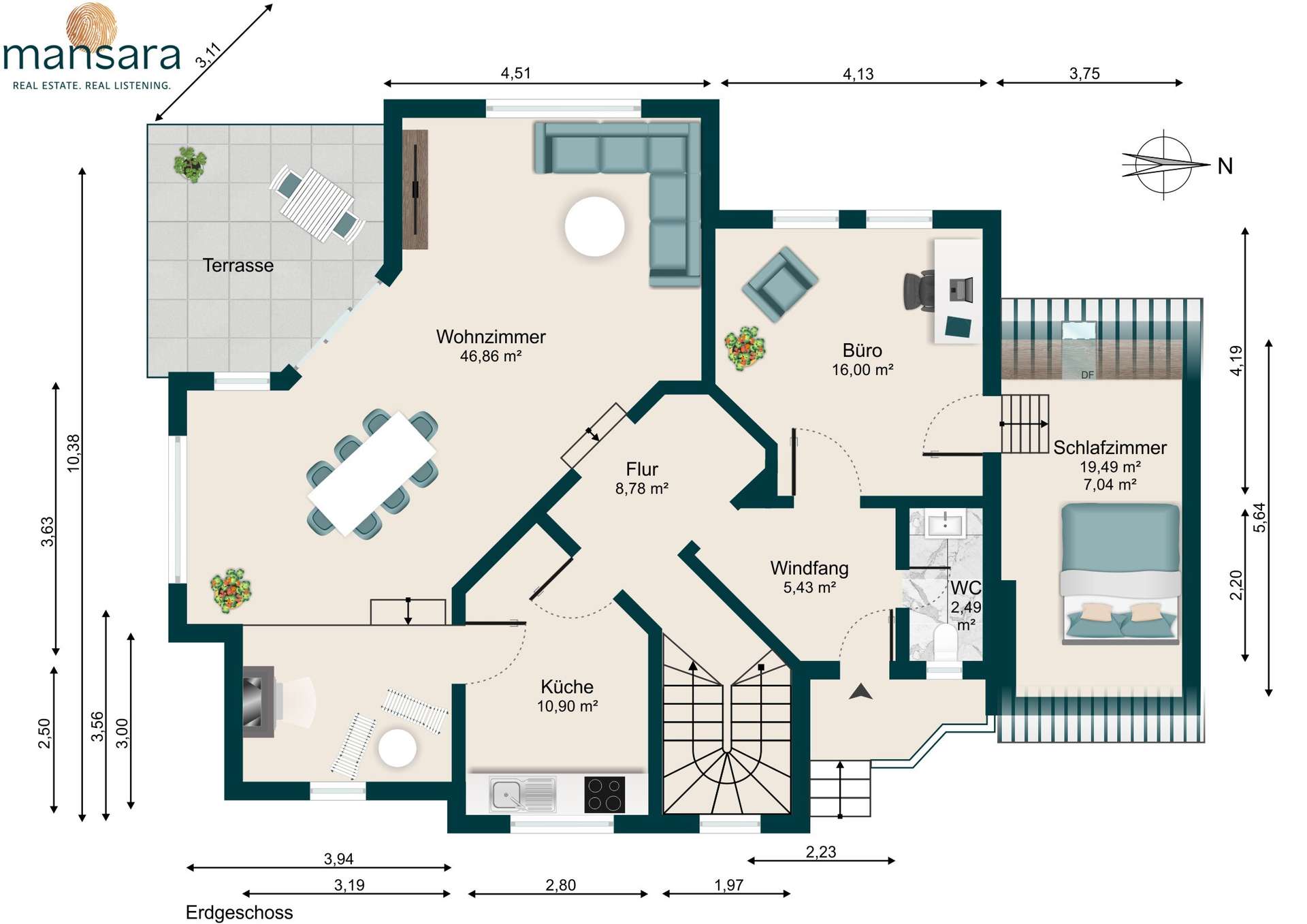 Grundriss eines Hauses mit Wohnzimmer, Büro, Schlafzimmer und Küche, inklusive Terrasse und Flur.