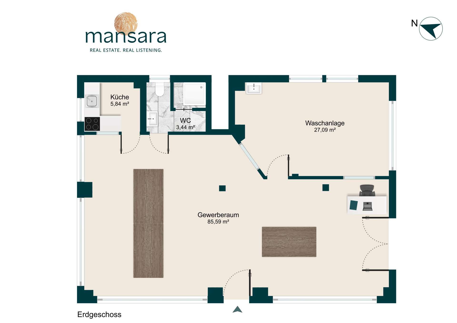 Grundriss einer Erdgeschosswohnung mit Küche, WC, Waschanlage und Gewerberaum. Maße und Raumaufteilung sind angegeben.