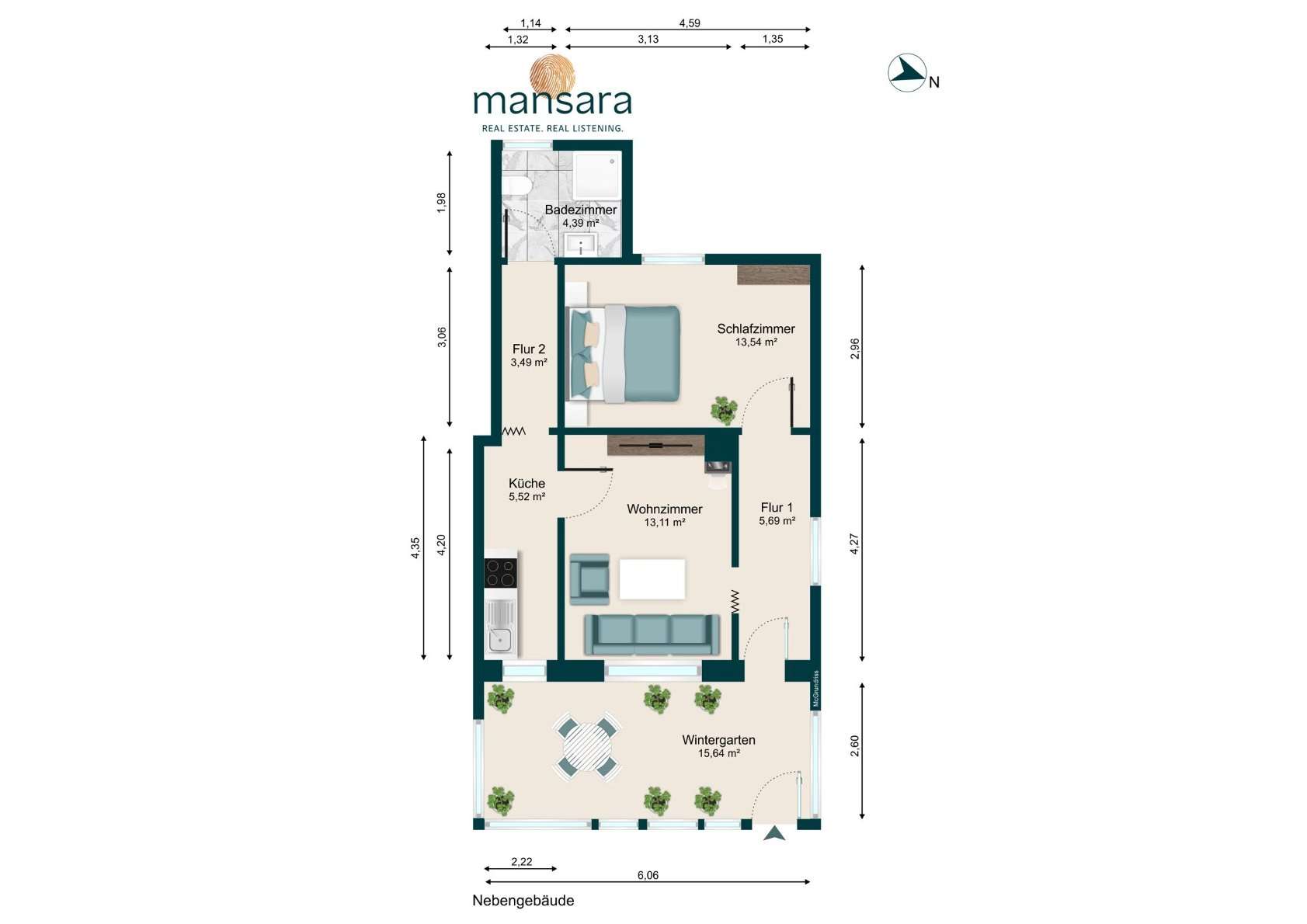 Grundriss einer Wohnung mit Küche, Wohnzimmer, Schlafzimmer und Wintergarten, Maßstab und Nordpfeil sind angegeben.