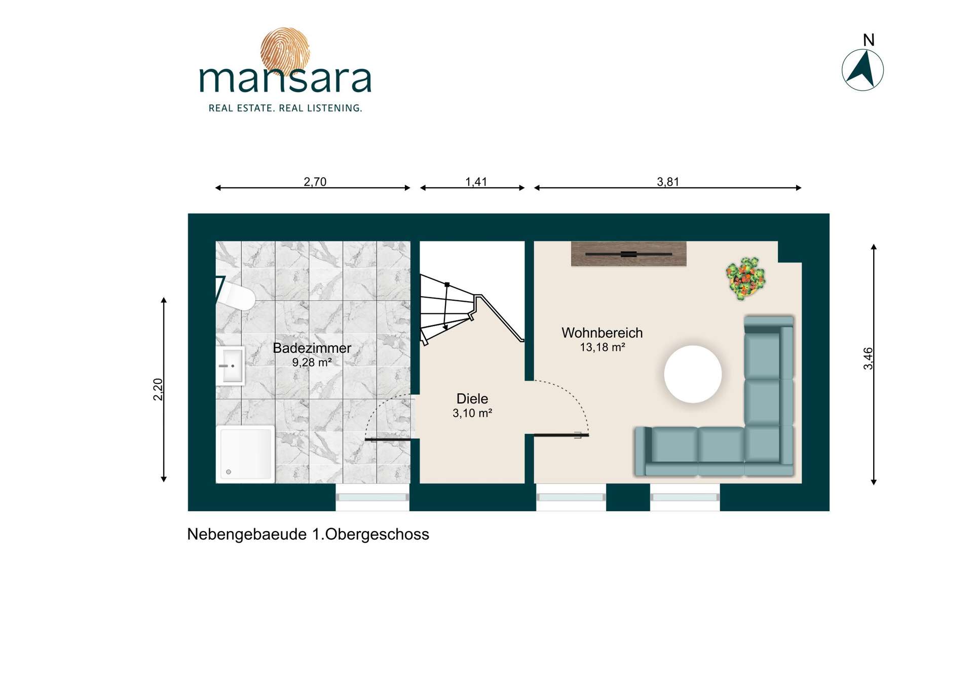 Grundriss eines Obergeschosses mit Wohnbereich, Badezimmer und Diele, maĂstabsgetreu dargestellt.
