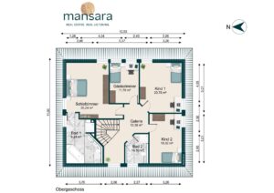 Grundriss eines Obergeschosses mit Schlafzimmer, Kinderzimmer, Gästezimmer und zwei Bädern.