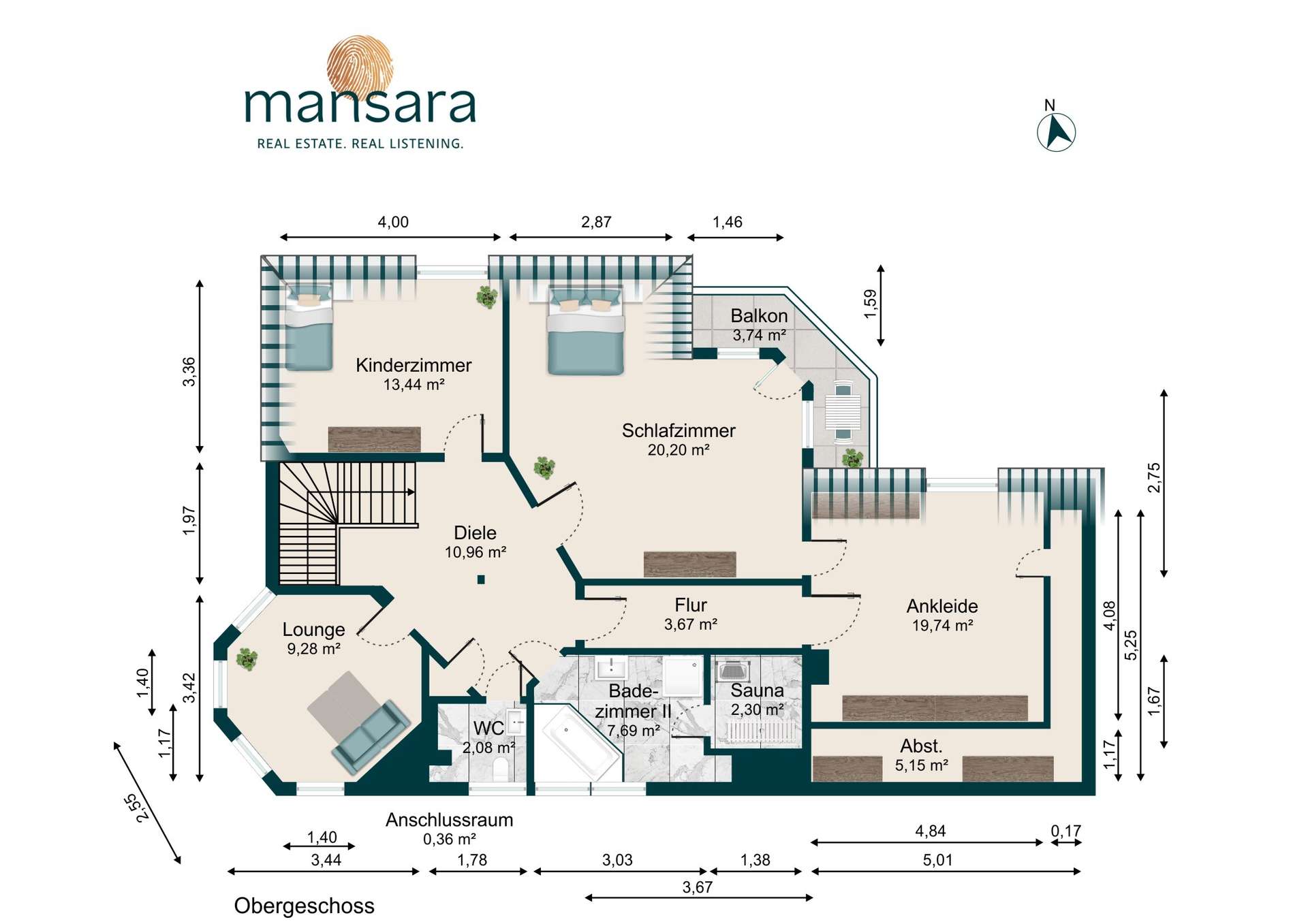 Grundriss eines Obergeschosses mit Schlafzimmer, Kinderzimmer, Lounge, Badezimmer und Balkon. Maßstab und Orientierung angegeben.