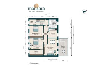 Grundriss eines Obergeschosses mit Räumen: Schlafzimmer, Küche, Badezimmer, Wohnzimmer und Balkon. Maße angegeben.