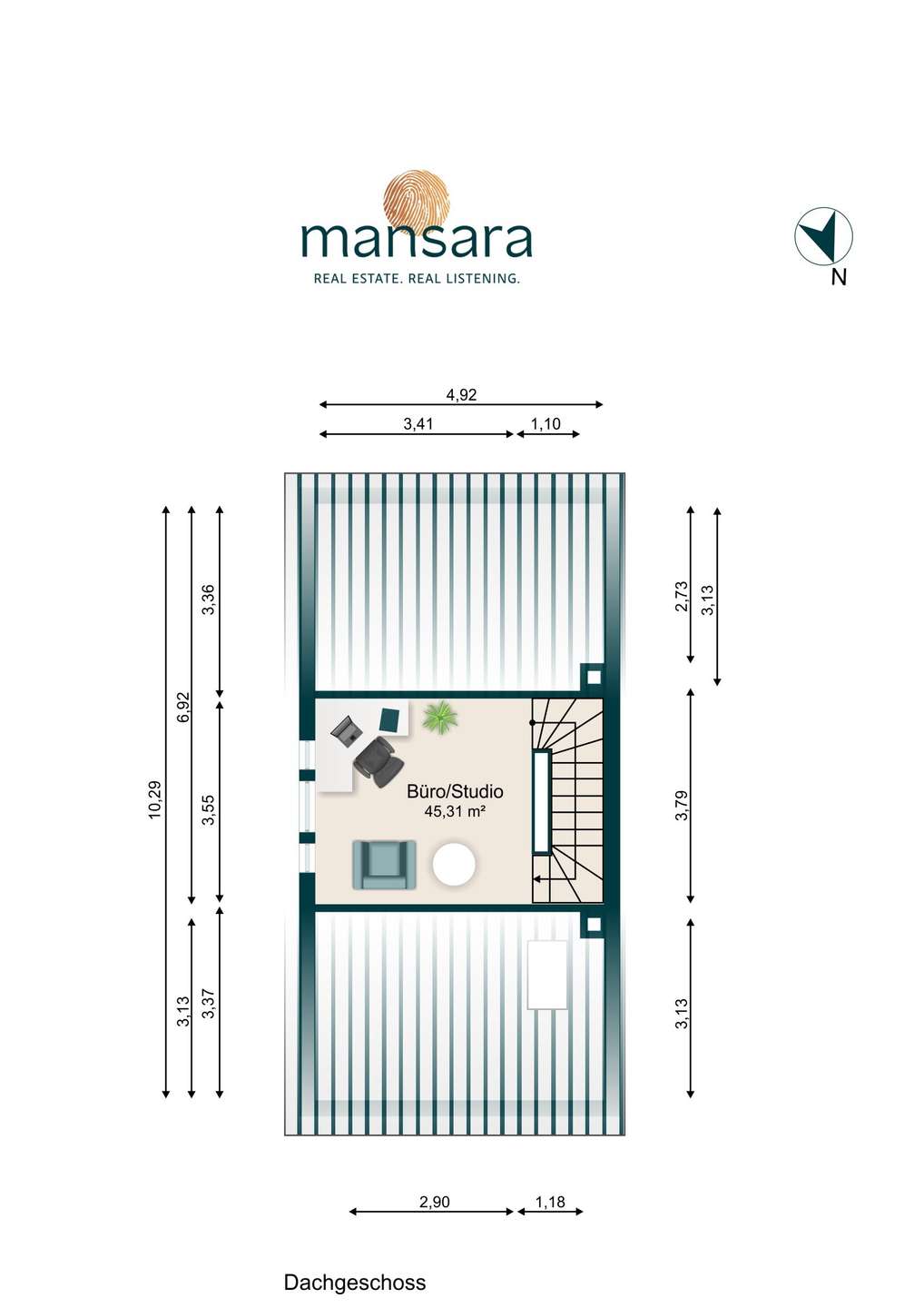Grundriss des Dachgeschosses mit Büro/Studio und Maßen, einschließlich Treppe und Möbelanordnung.