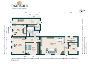 Grundriss eines Erdgeschosses mit Wohnräumen, Büro, Küche und Badezimmer, maßstabsgerecht dargestellt.