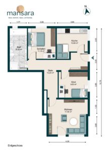 Grundriss einer Wohnung mit fünf Räumen: Schlafzimmer, Kinderzimmer, Wohnzimmer, Küche und Bad. Maßstab und Nordrichtung angegeben.