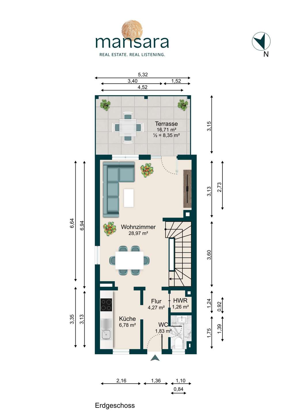 Grundriss des Erdgeschosses mit Wohnzimmer, Küche, WC und Terrasse, Maßstab und Nordpfeil sind angegeben.