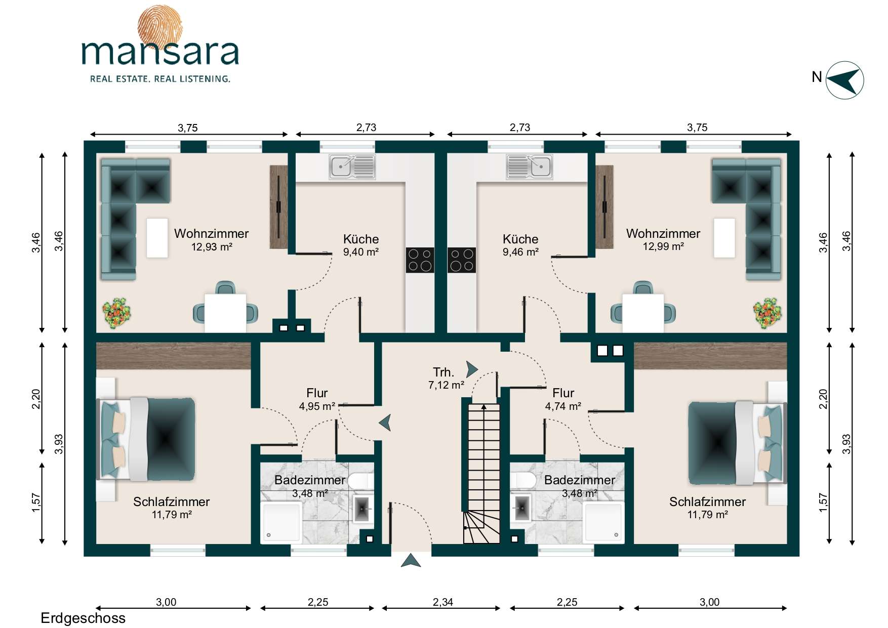 Grundriss eines Erdgeschosses mit zwei Schlafzimmern, zwei Bädern, Wohnzimmer, Küche und Flur.