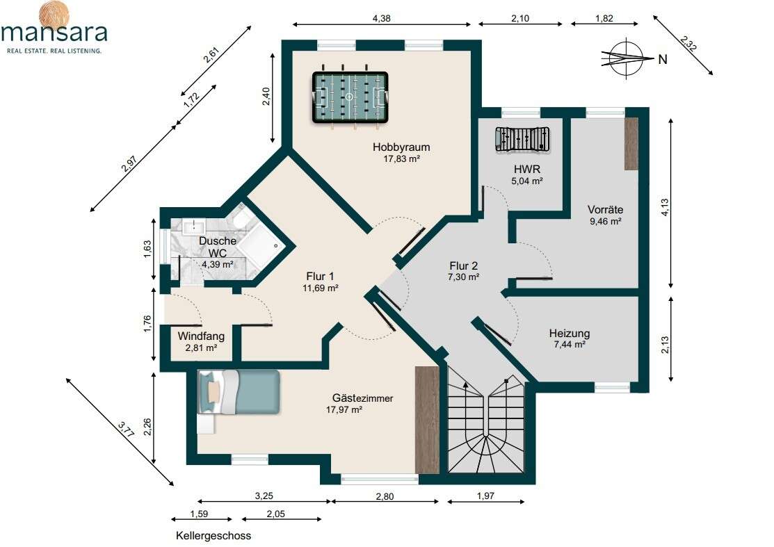 Grundriss eines Hauses mit Hobbyraum, Gästebezimmer, Flur, Heizung und weiteren Räumen.