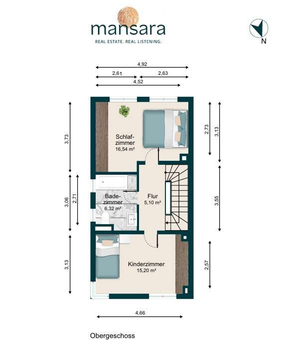 Grundriss des Obergeschosses mit Schlafzimmer, Kinderzimmer, Bad und Flur, Maße und Orientierung angegeben.