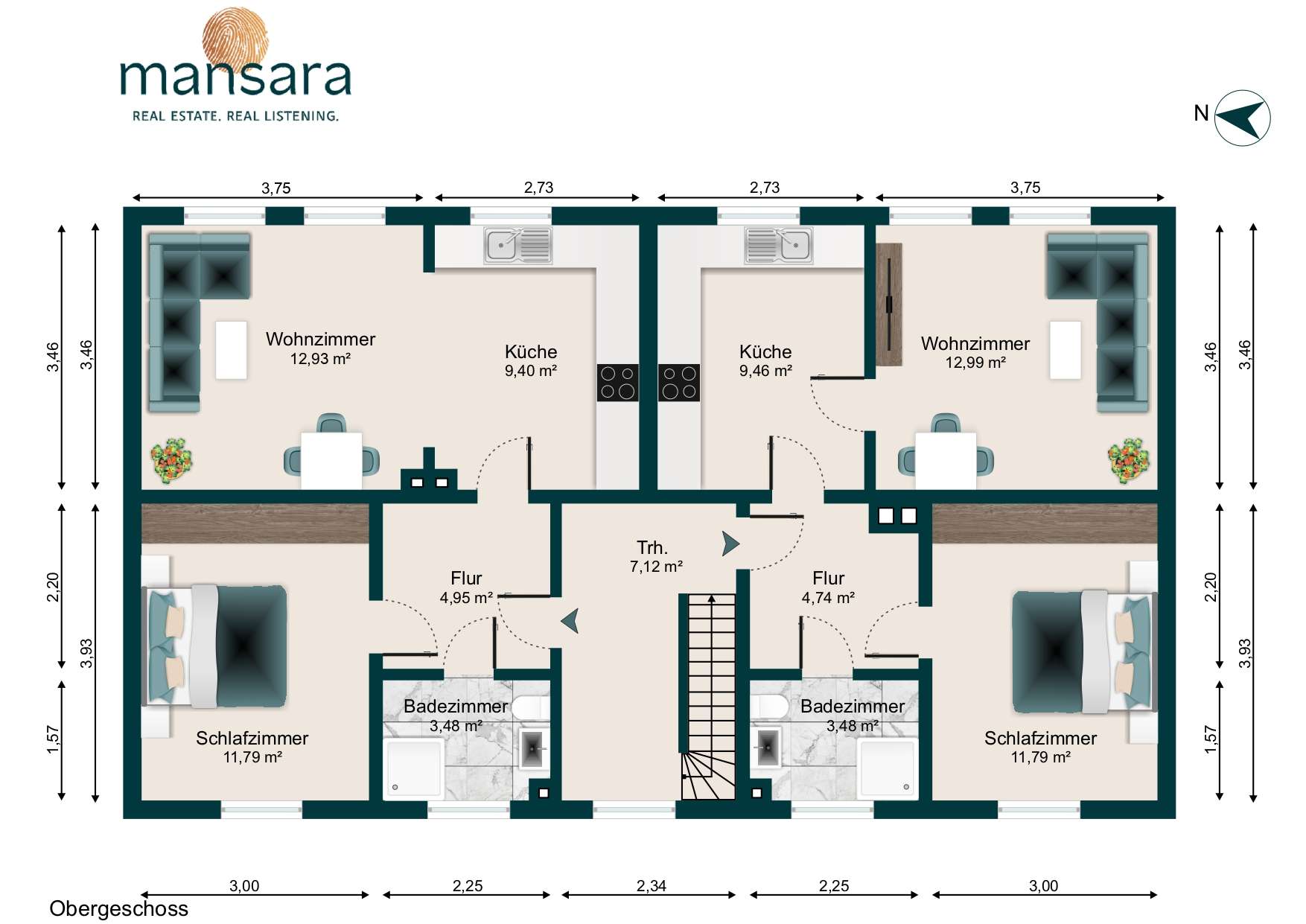 Grundriss eines Obergeschosses mit zwei Schlafzimmern, zwei Badezimmern, Küche und Wohnzimmer, einschließlich Flur und Treppe.