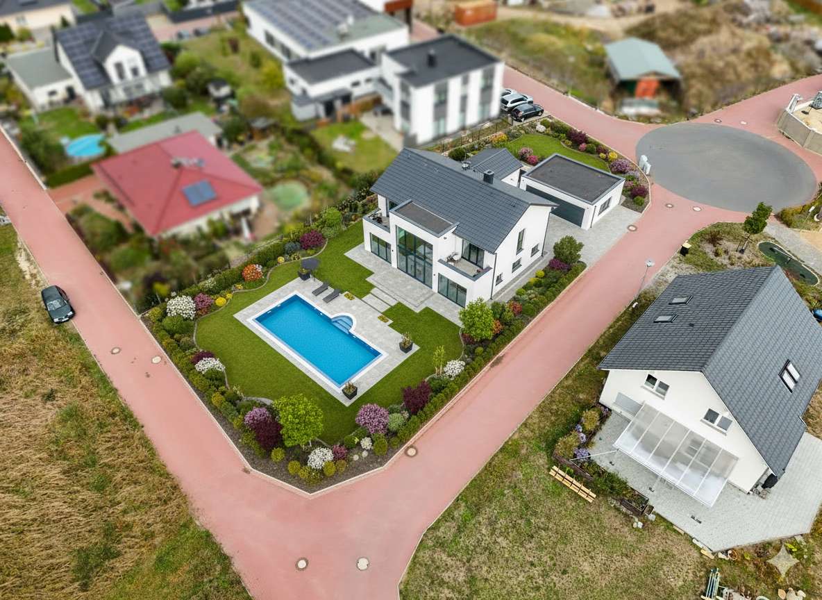 Modernes Haus mit Pool in einer Wohngegend, umgeben von Gärten und weiteren Wohngebäuden.