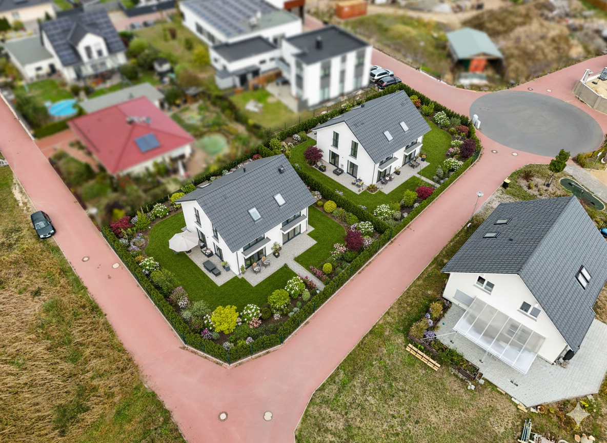 Luftaufnahme von zwei modernen Häusern mit Gärten, umgeben von Straßen und weiteren Wohngebäuden.