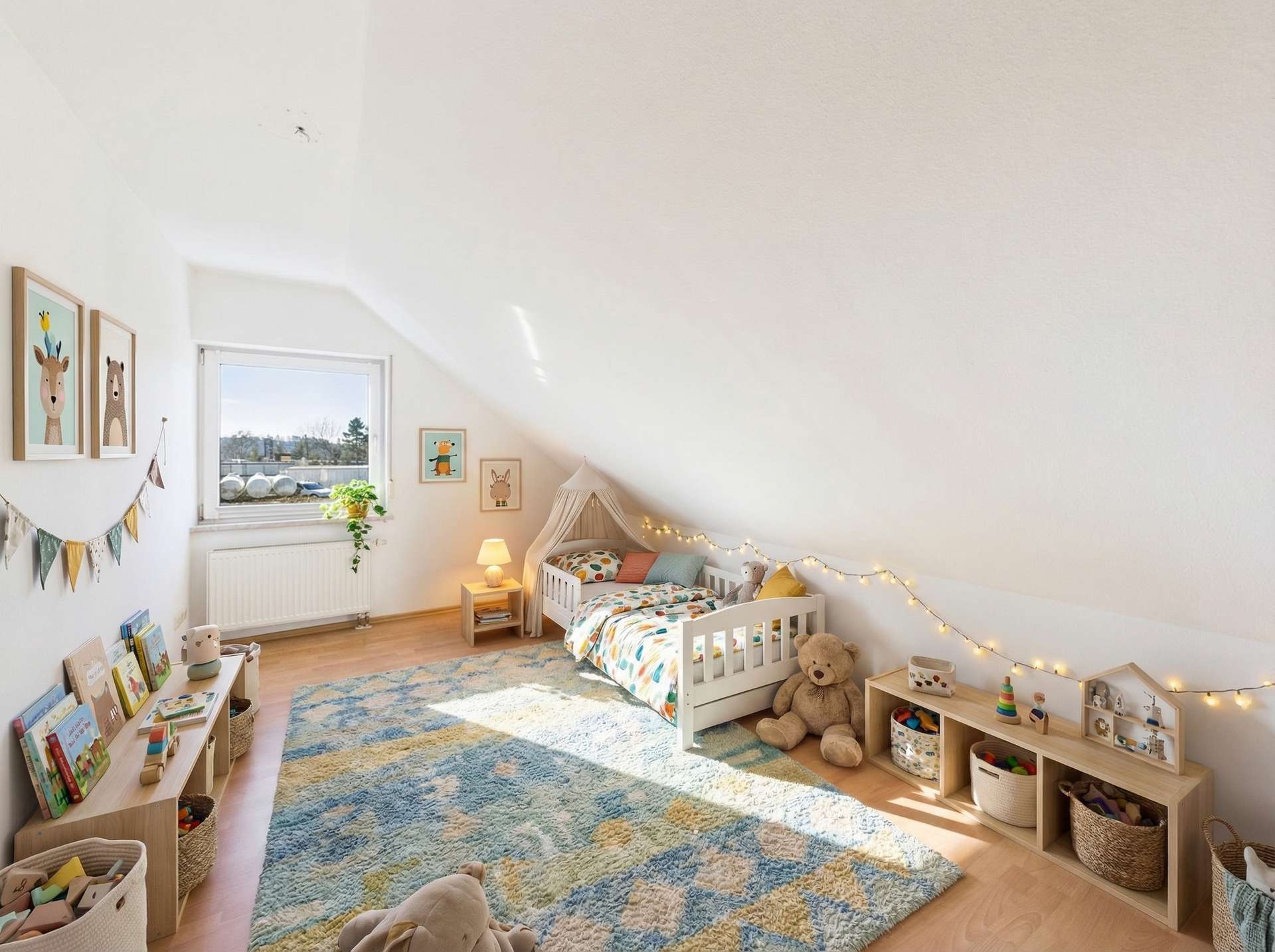Helles Kinderzimmer mit einem Bett, Spielzeug, Bücherregalen und einer gemütlichen Atmosphäre.