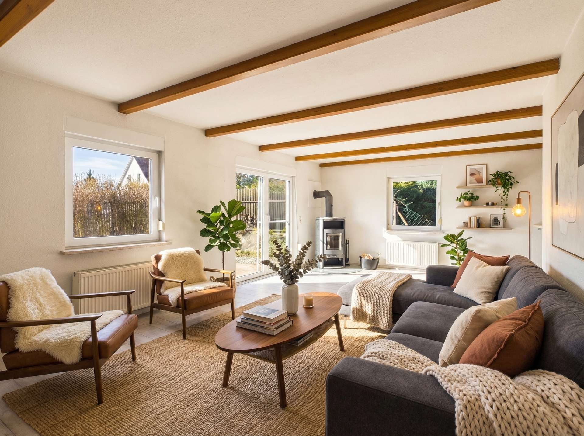 Heller Wohnraum mit Holzdeckenbalken, Sofa, Stühlen, Teppich und Pflanzen. Gemütliche Atmosphäre mit Holzofen.