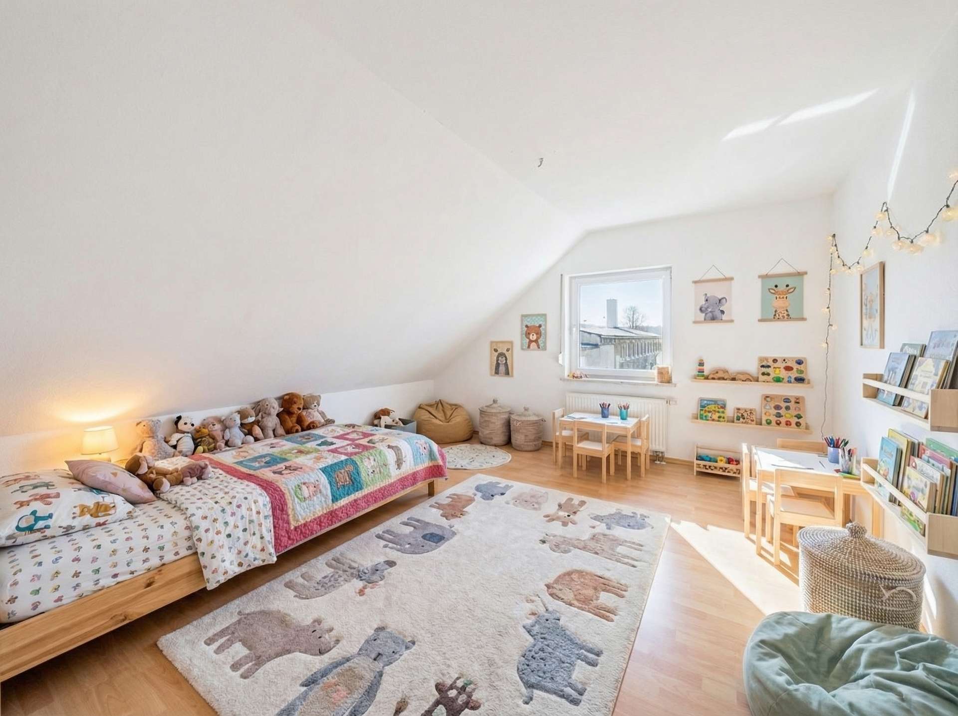 Kinderzimmer mit einem Bett, Spielteppich, Bücherregal und Spieltisch, hell und freundlich gestaltet.