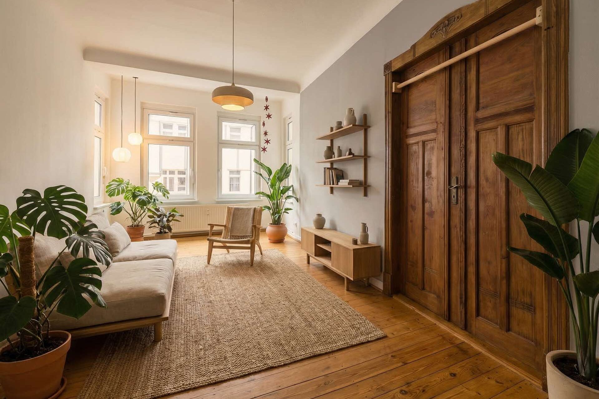 Helles Wohnzimmer mit Holzdekor, Pflanzen, einem Sofa und einem Teppich auf Holzboden.