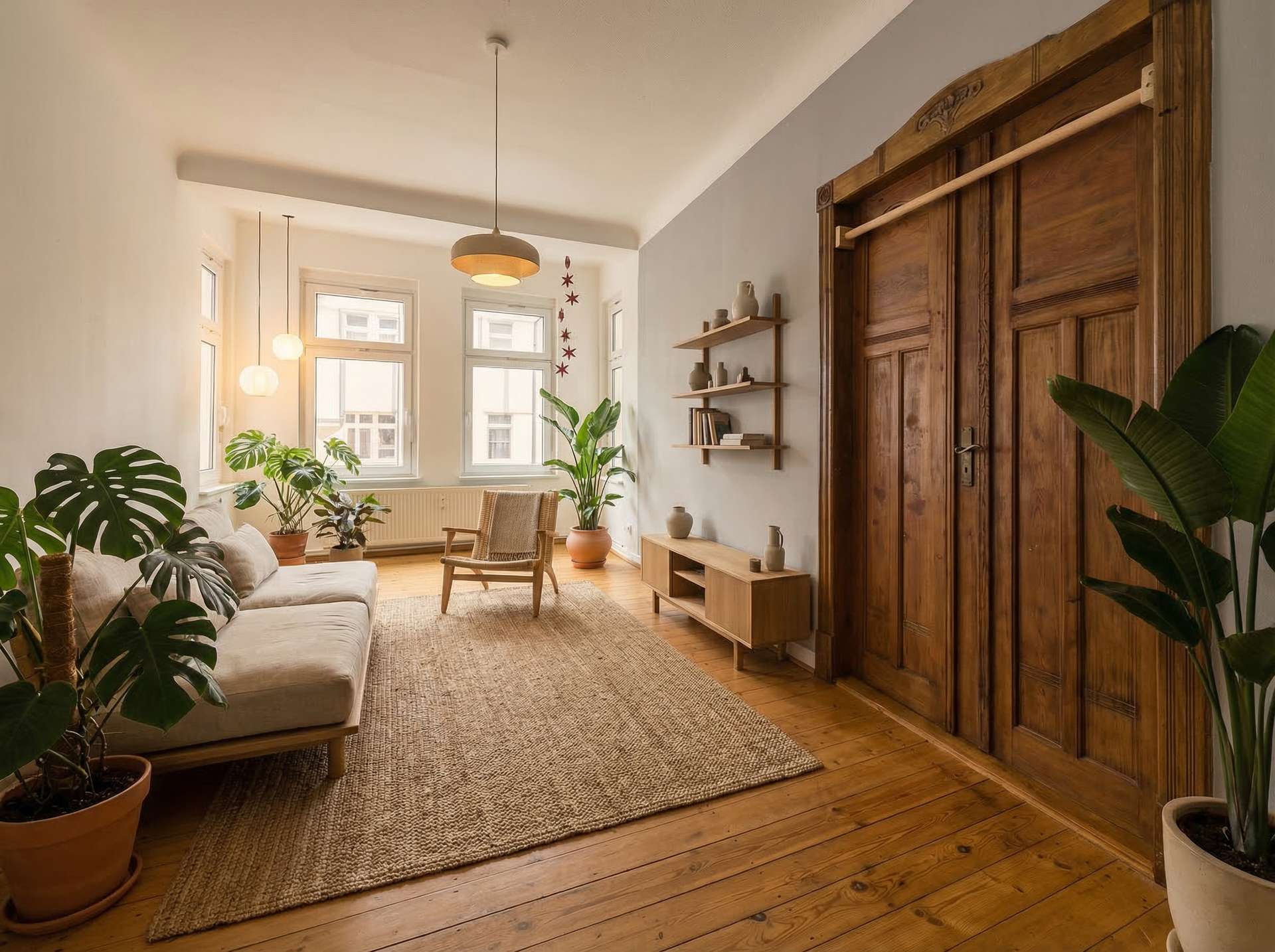 Helles Wohnzimmer mit Holzdekor, Pflanzen, einem Sofa und einem Teppich auf Holzboden.