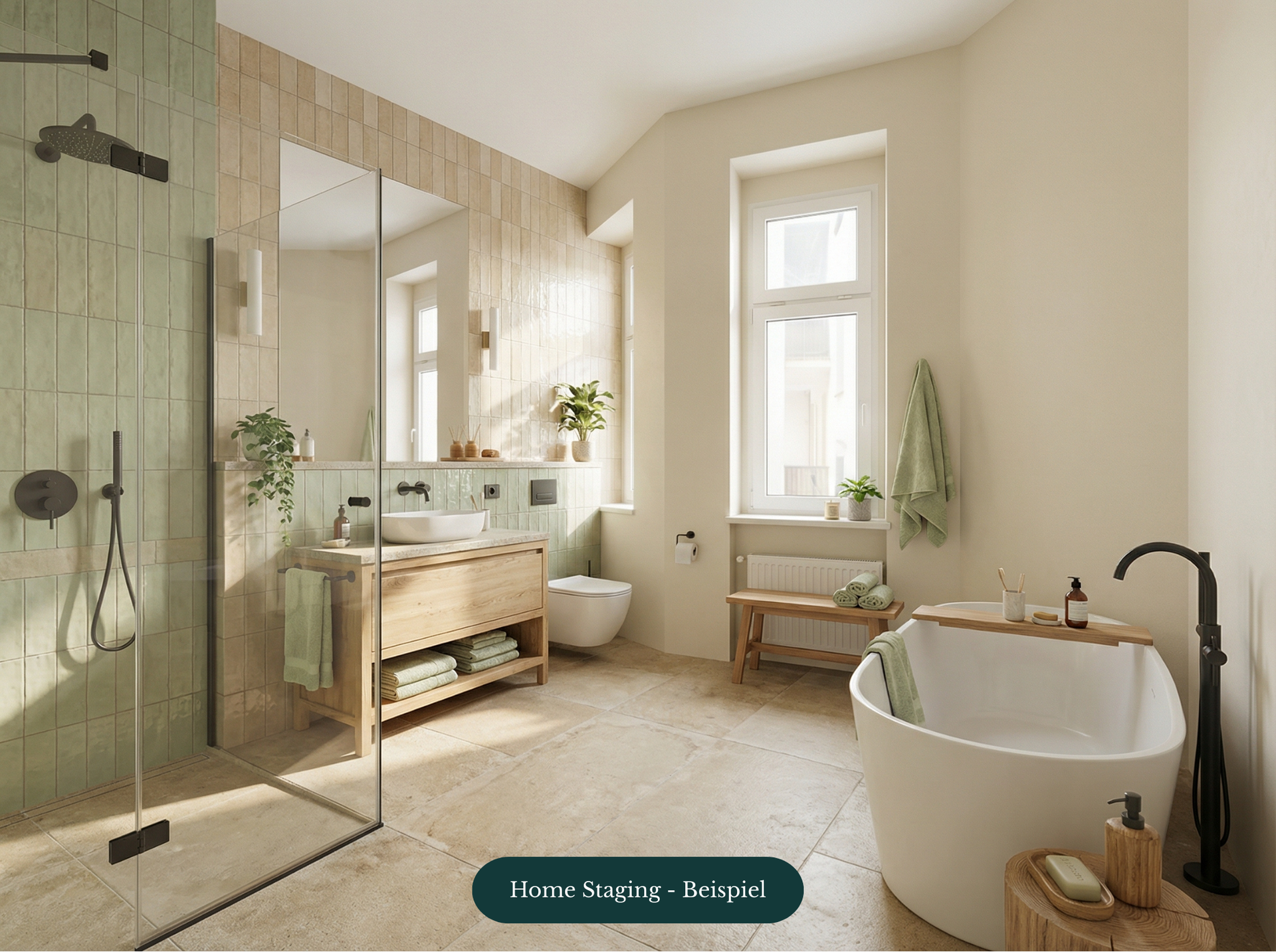 Modernes Badezimmer mit Glasdusche, freistehender Badewanne und Holzregal, in sanften Grüntönen gestaltet.