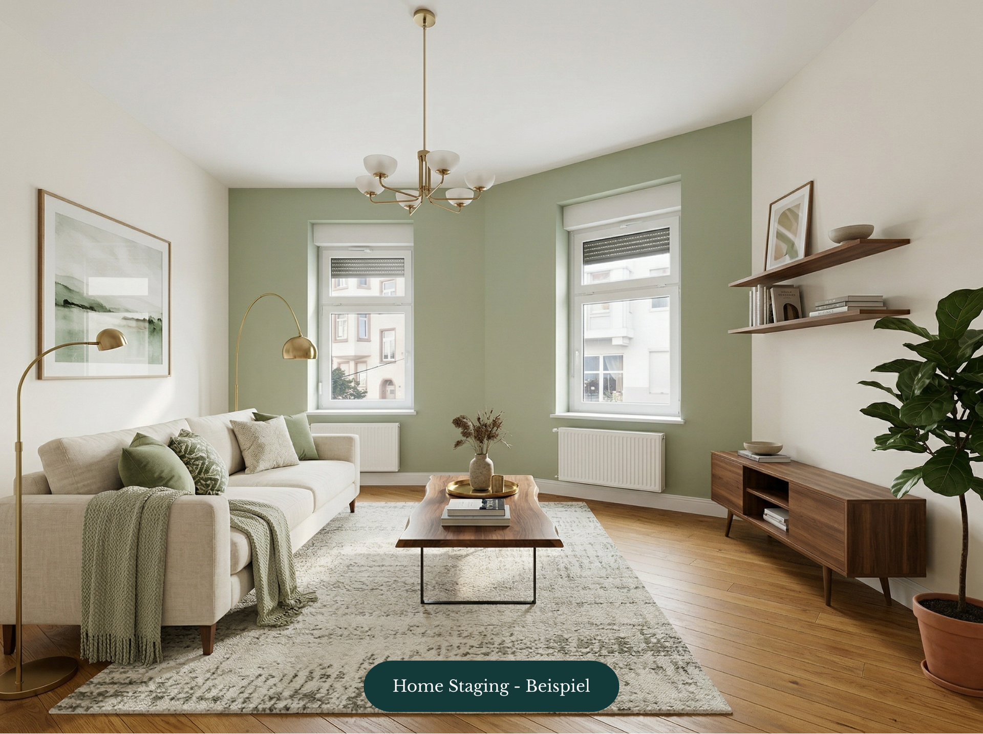 Helles Wohnzimmer mit beigem Sofa, grünen Akzenten und moderner Dekoration, ausgestattet mit Pflanzen und einem Holztisch.