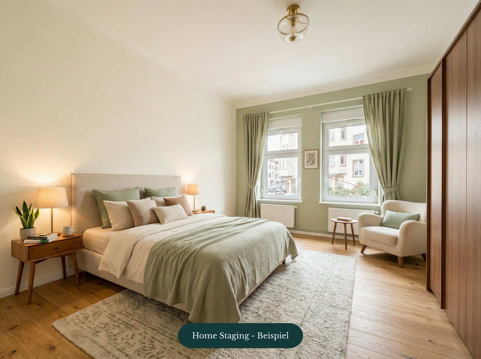 Modernes Schlafzimmer mit Bett, sanften Grüntönen, Holzfußboden und gemütlichem Sessel neben einem Fenster.