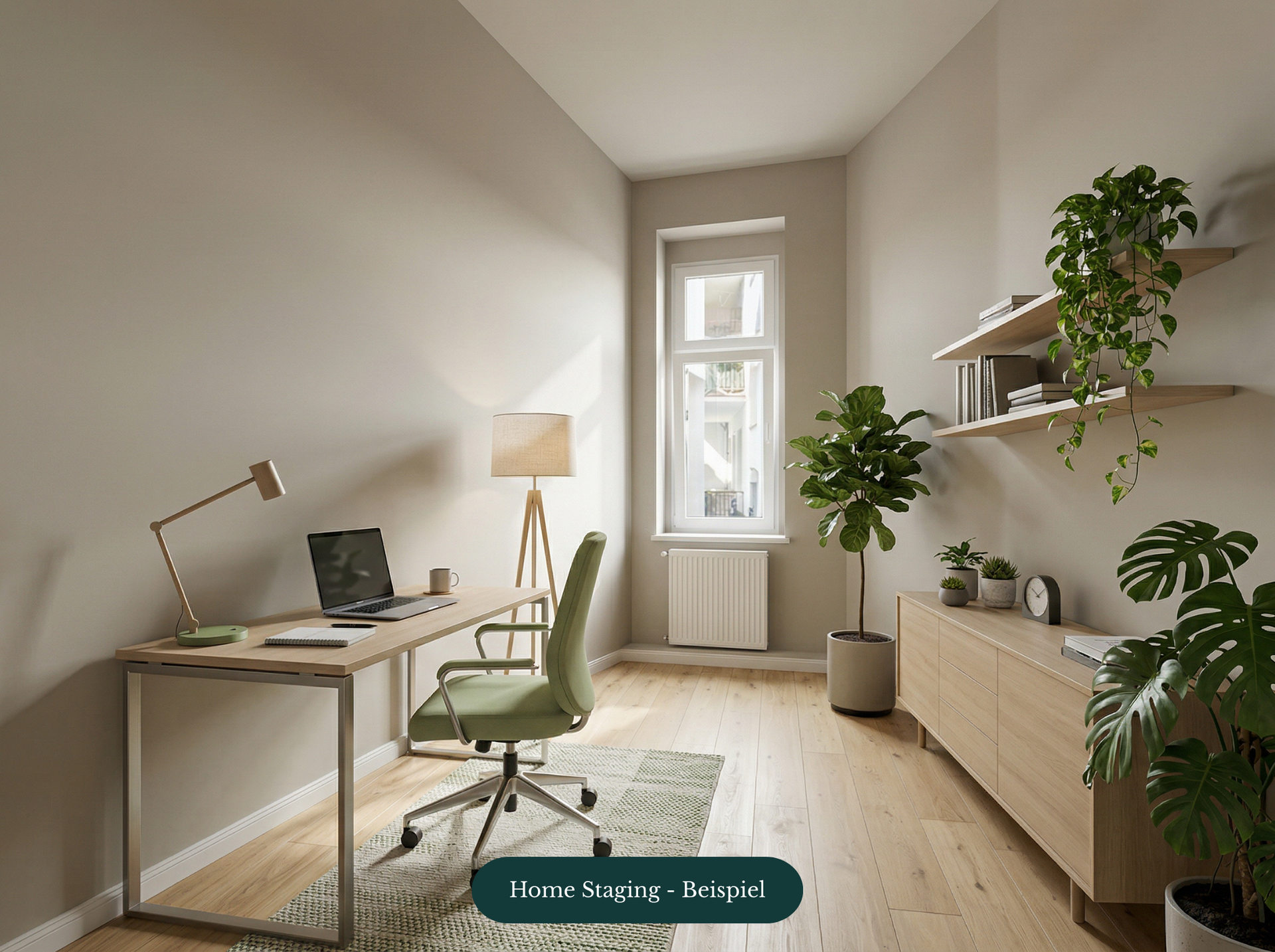 Helles Home Staging mit Schreibtisch, Stuhl, Lampe, Pflanze und Regal in einem modernen Büro.