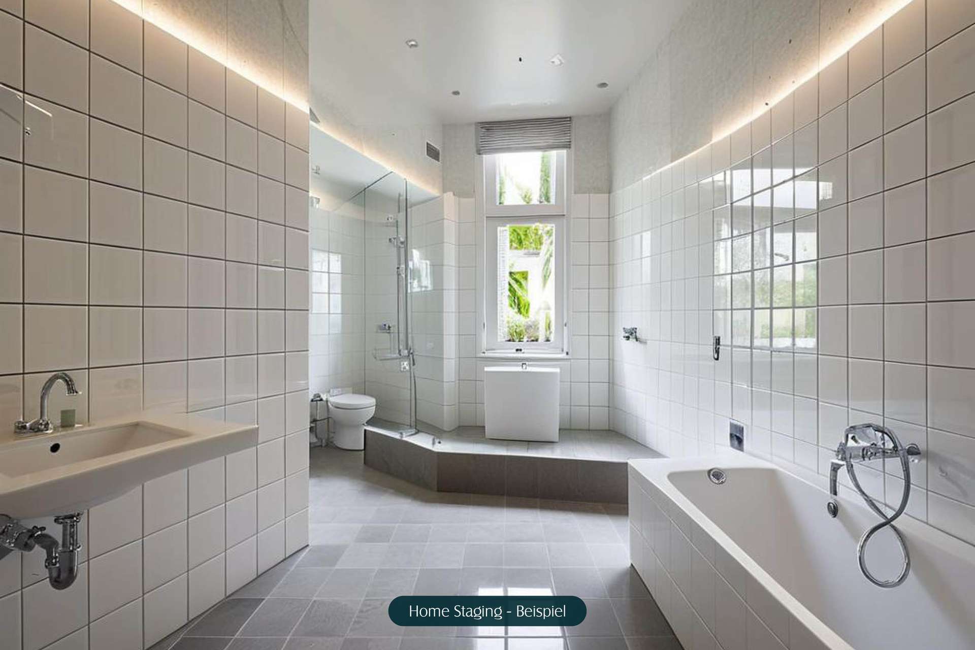Modernes Badezimmer mit Fliesen, Badewanne, Dusche, Waschbecken und Fenster, das viel Licht hereinlässt.