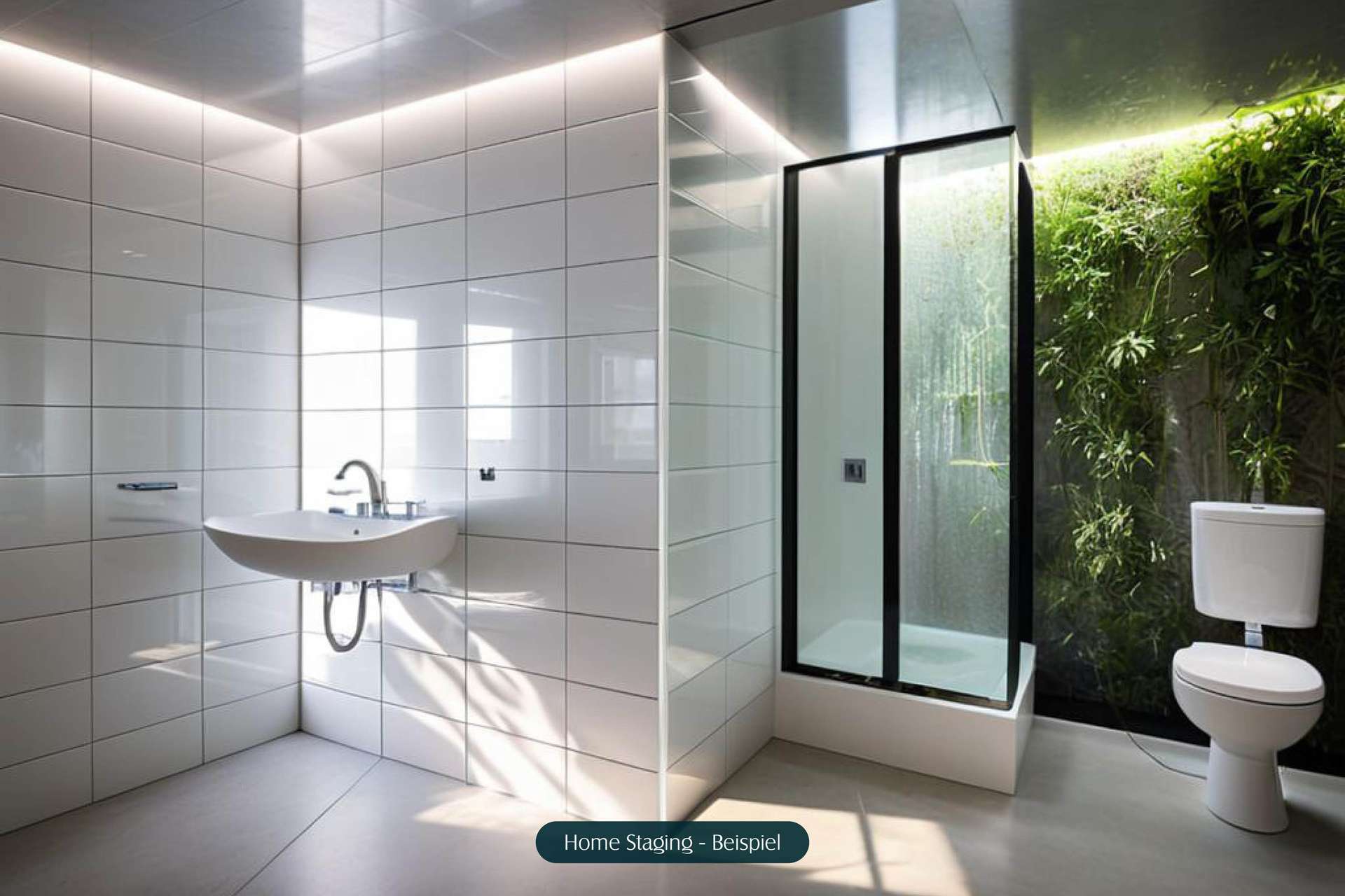 Modernes Badezimmer mit Glasdusche, Wand-WC und grüner Pflanzenwand, helle Fliesen und indirekte Beleuchtung.
