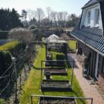 Gartenansicht mit Hochbeeten, gepflastertem Weg und einem modernen Wohnhaus im Hintergrund unter klarem Himmel.