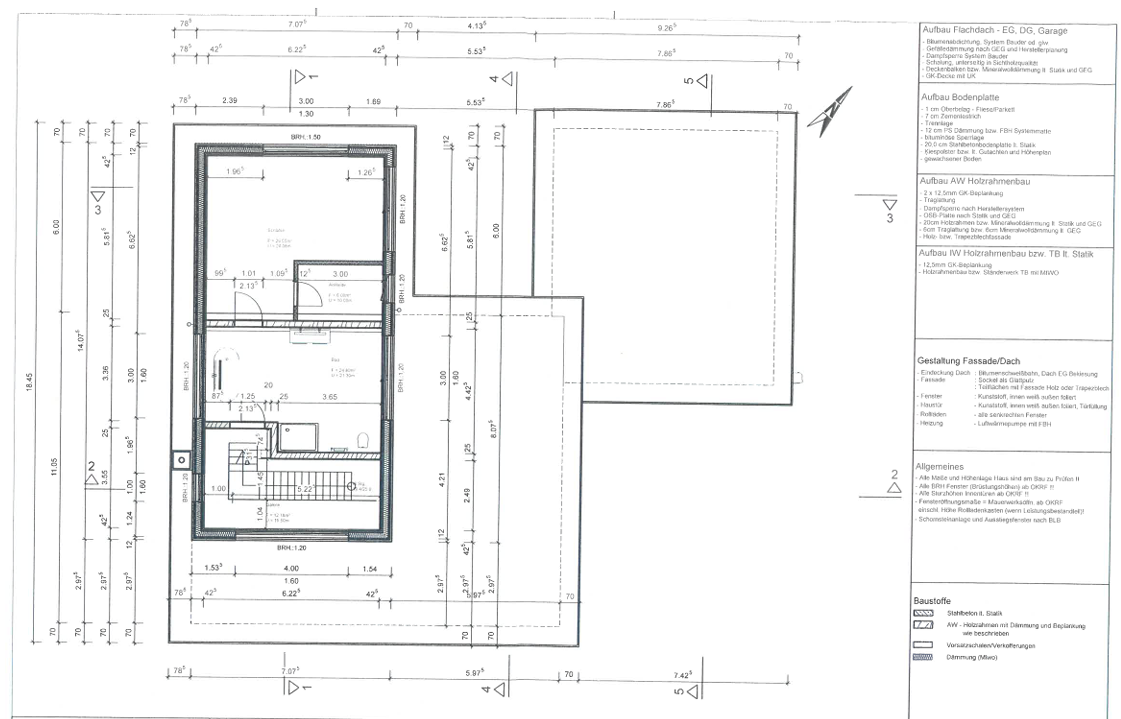 Grundriss eines Hauses mit Garage, Maßstab und detaillierten Raumangaben. Technische Zeichnungsdetails sind sichtbar.