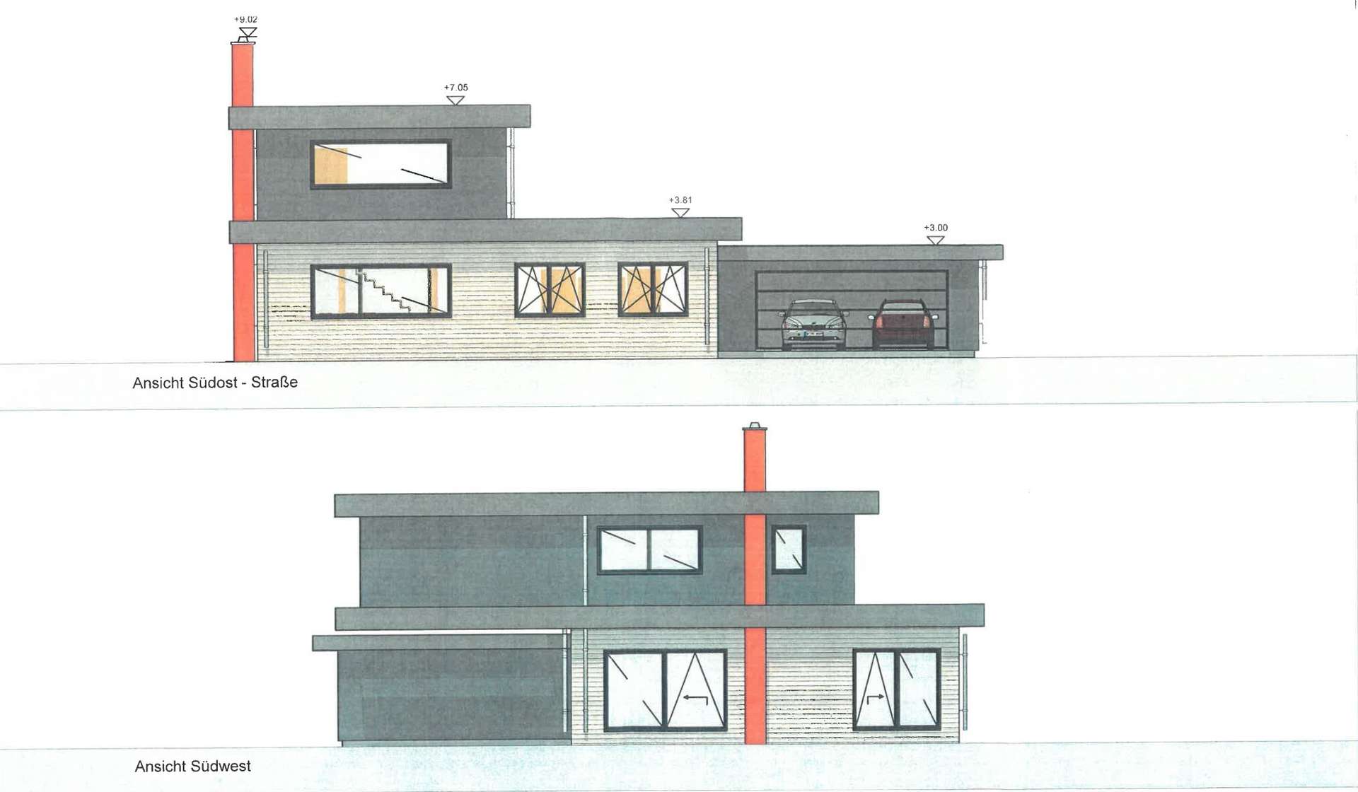 Architektonische Zeichnung eines modernen Hauses mit Garagen und großen Fenstern, Seitenansichten in Südost und Südwest.