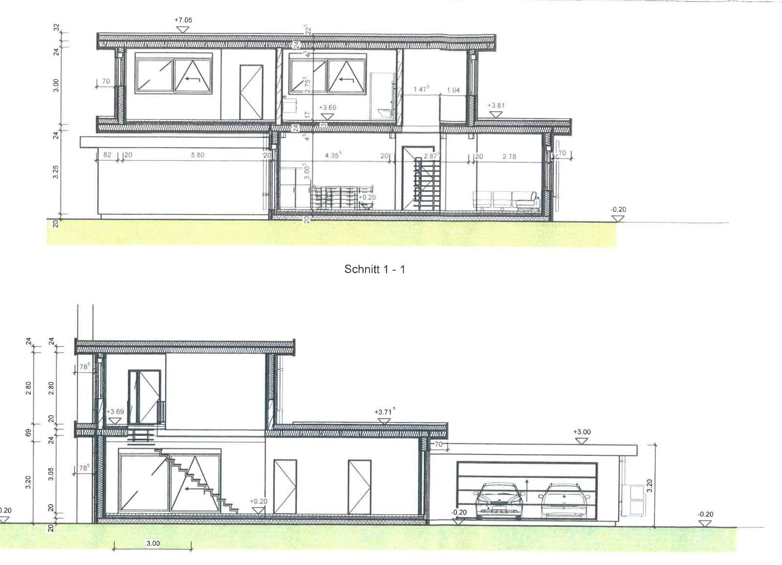 Schnittzeichnung eines modernen Hauses mit klaren Linien, Fenstern und einer Garage im Erdgeschoss.