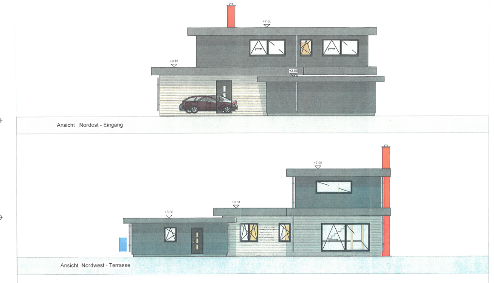 Nordansicht eines modernen Hauses mit Eingang, Terrasse und einem roten Auto.