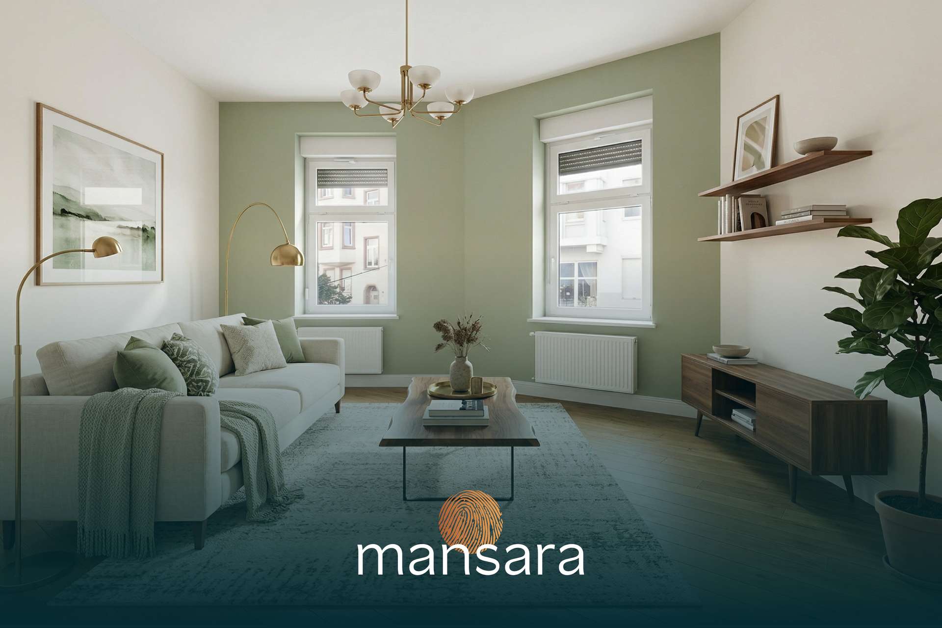 Helles Wohnzimmer mit einer bequemen Couch, modernen Fenstern und einer eleganten Stehlampe. Minimalistische Einrichtung.