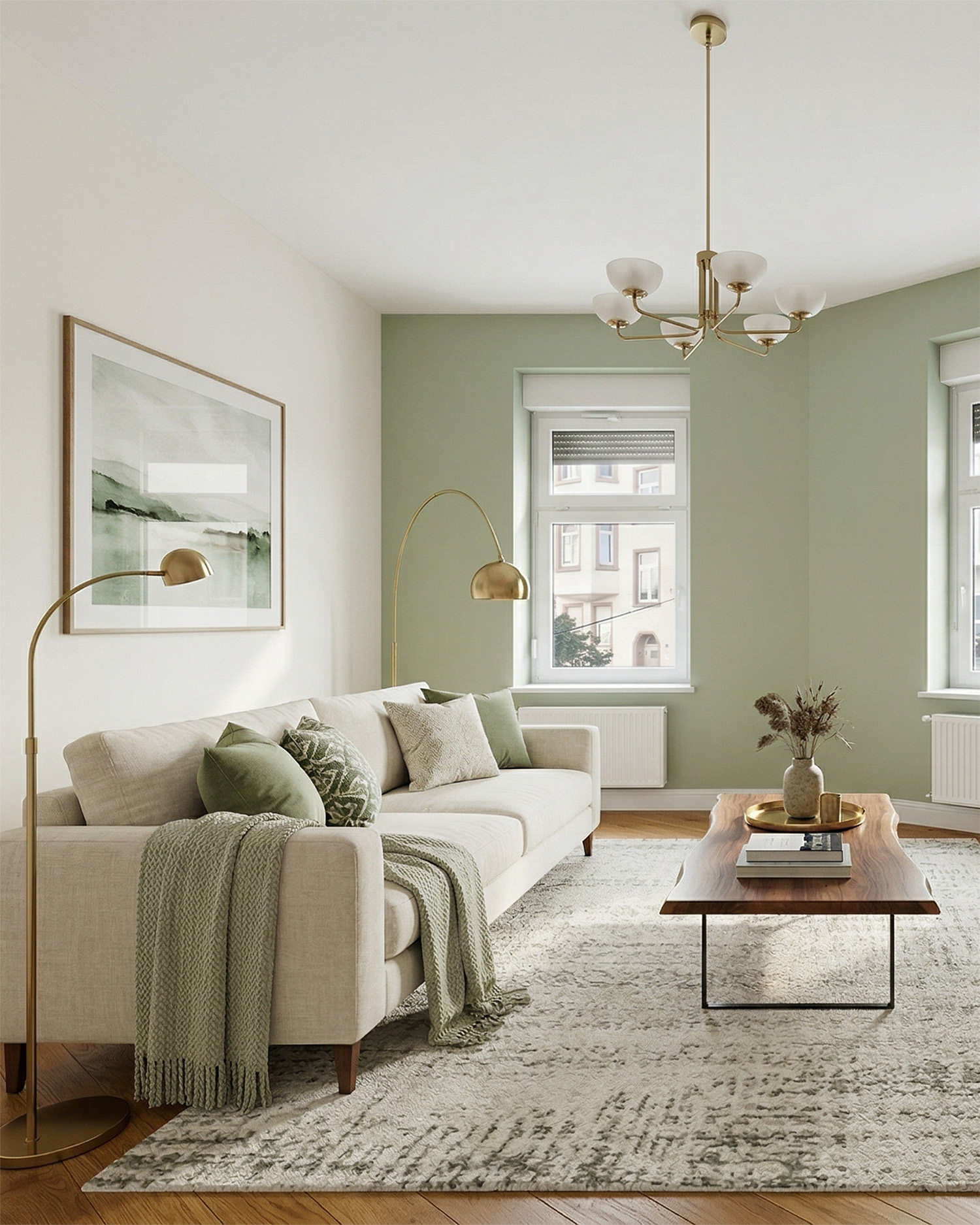 Heller Wohnraum mit beigem Sofa, grĂŒnen Kissen, Holztisch und stilvollem Teppich, ergĂ€nzt durch eine moderne Lampe.