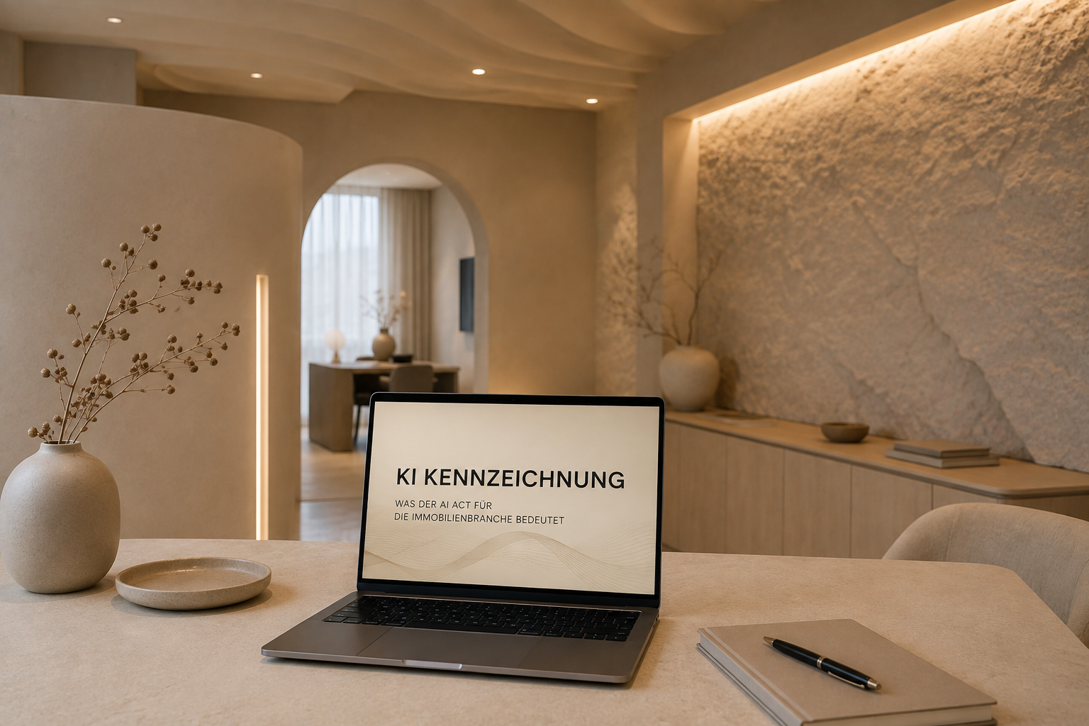 Beiger moderner Innenraum mit Laptop zum Thema KI-Kennzeichnung in der Immobilienbranche