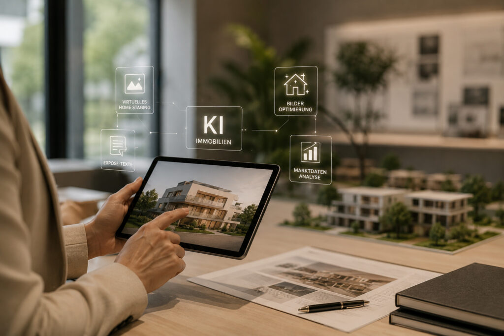 Immobilienmakler nutzt KI für Immobilienvermarktung, virtuelles Homestaging, Bildoptimierung und Marktanalyse